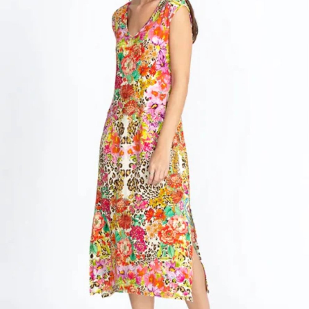 Johnny Was Vibrant Floral & Leopard Midi Dress in Pink, Green, Yellow